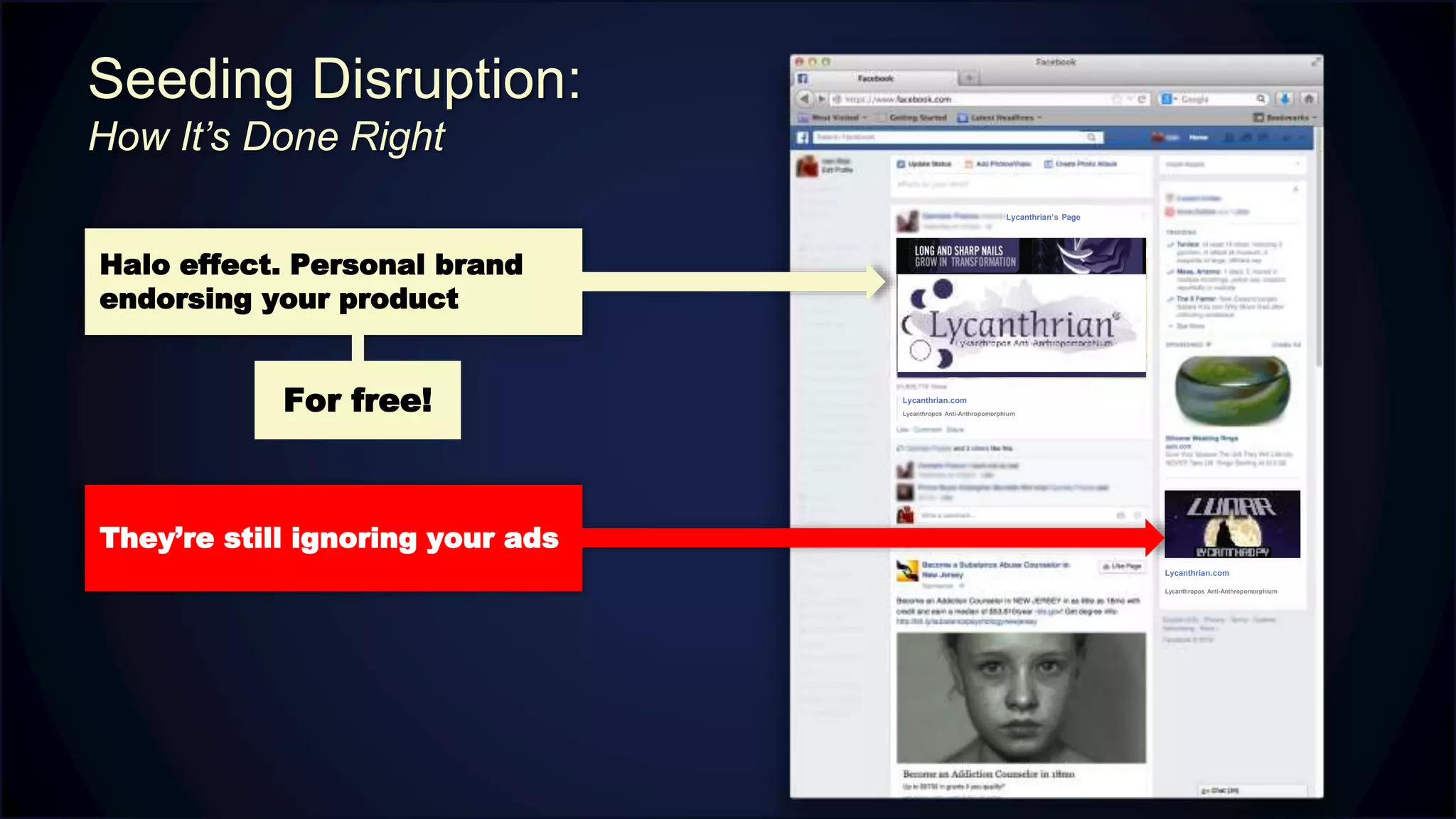 Seeding Disruption:
How It’s Done Right
Lycanthrian’s Page
Lycanthrian.com
Lycanthropos Anti-Anthropomorphium
Lycanthrian.com
Lycanthropos Anti-Anthropomorphium
Halo effect. Personal brand
endorsing your product
For free!
They’re still ignoring your ads
 
