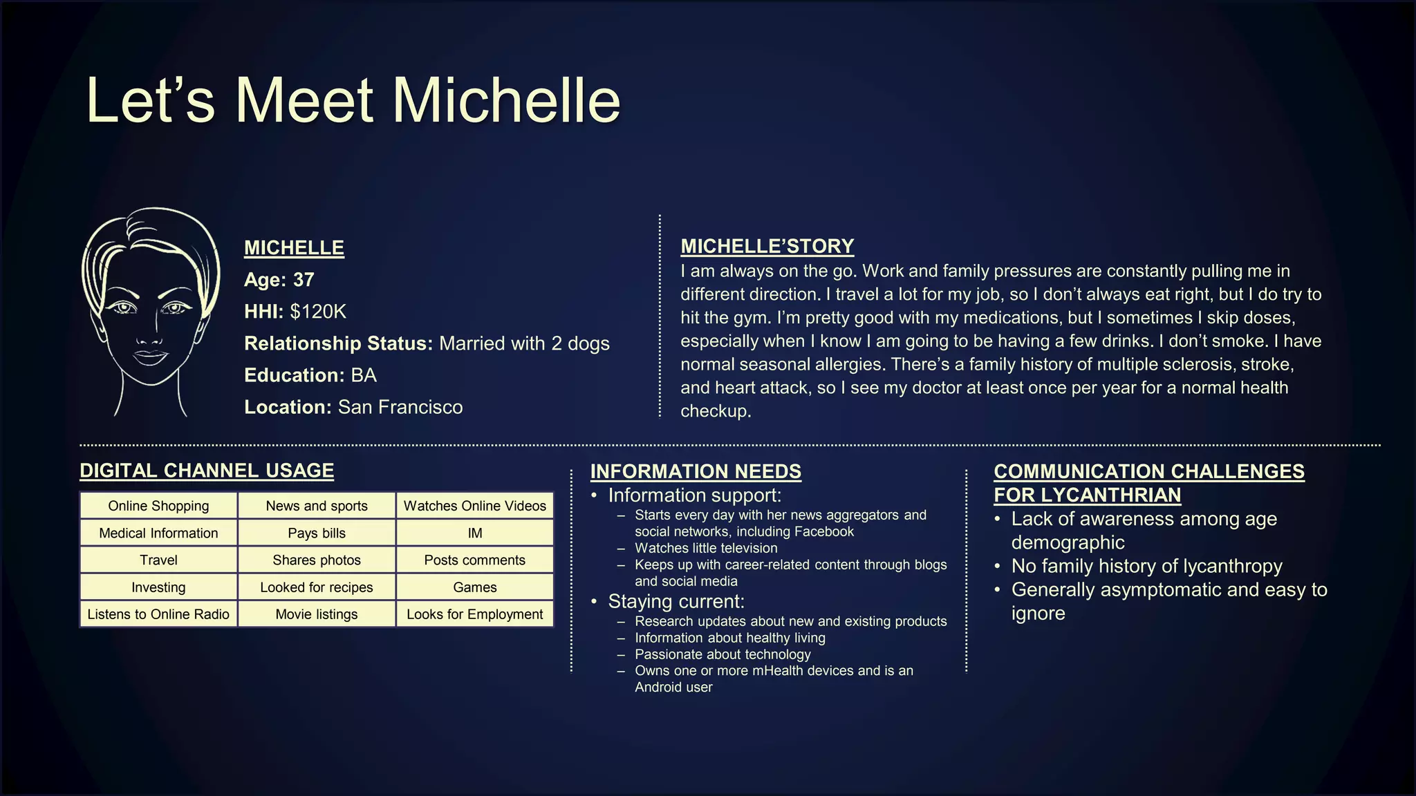Let’s Meet Michelle
MICHELLE
Age: 37
HHI: $120K
Relationship Status: Married with 2 dogs
Education: BA
Location: San Francisco
MICHELLE’STORY
I am always on the go. Work and family pressures are constantly pulling me in
different direction. I travel a lot for my job, so I don’t always eat right, but I do try to
hit the gym. I’m pretty good with my medications, but I sometimes I skip doses,
especially when I know I am going to be having a few drinks. I don’t smoke. I have
normal seasonal allergies. There’s a family history of multiple sclerosis, stroke,
and heart attack, so I see my doctor at least once per year for a normal health
checkup.
DIGITAL CHANNEL USAGE
Online Shopping News and sports Watches Online Videos
Medical Information Pays bills IM
Travel Shares photos Posts comments
Investing Looked for recipes Games
Listens to Online Radio Movie listings Looks for Employment
INFORMATION NEEDS
• Information support:
‒ Starts every day with her news aggregators and
social networks, including Facebook
‒ Watches little television
‒ Keeps up with career-related content through blogs
and social media
• Staying current:
‒ Research updates about new and existing products
‒ Information about healthy living
‒ Passionate about technology
‒ Owns one or more mHealth devices and is an
Android user
COMMUNICATION CHALLENGES
FOR LYCANTHRIAN
• Lack of awareness among age
demographic
• No family history of lycanthropy
• Generally asymptomatic and easy to
ignore
 