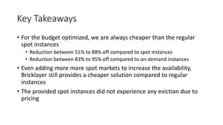 Key Takeaways
• For the budget optimized, we are always cheaper than the regular
spot instances
• Reduction between 51% to...