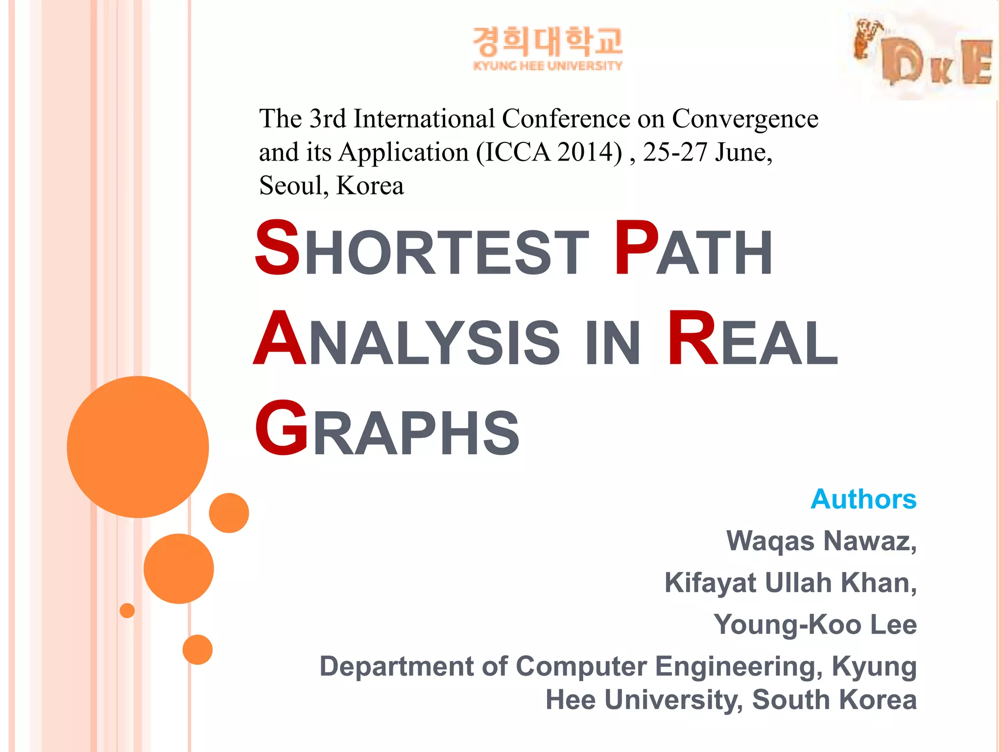 SHORTEST PATH
ANALYSIS IN REAL
GRAPHS
Authors
Waqas Nawaz,
Kifayat Ullah Khan,
Young-Koo Lee
Department of Computer Engineering, Kyung
Hee University, South Korea
The 3rd International Conference on Convergence
and its Application (ICCA 2014) , 25-27 June,
Seoul, Korea
 
