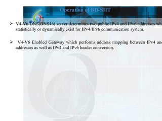 Operation of BD-SIIT V4-V6 DNS(DNS46) server determines two public IPv4 and IPv6 addresses which are statistically or dynamically exist for IPv4/IPv6 communication system. V4-V6 Enabled Gateway which performs address mapping between IPv4 and IPv6 addresses as well as IPv4 and IPv6 header conversion. 