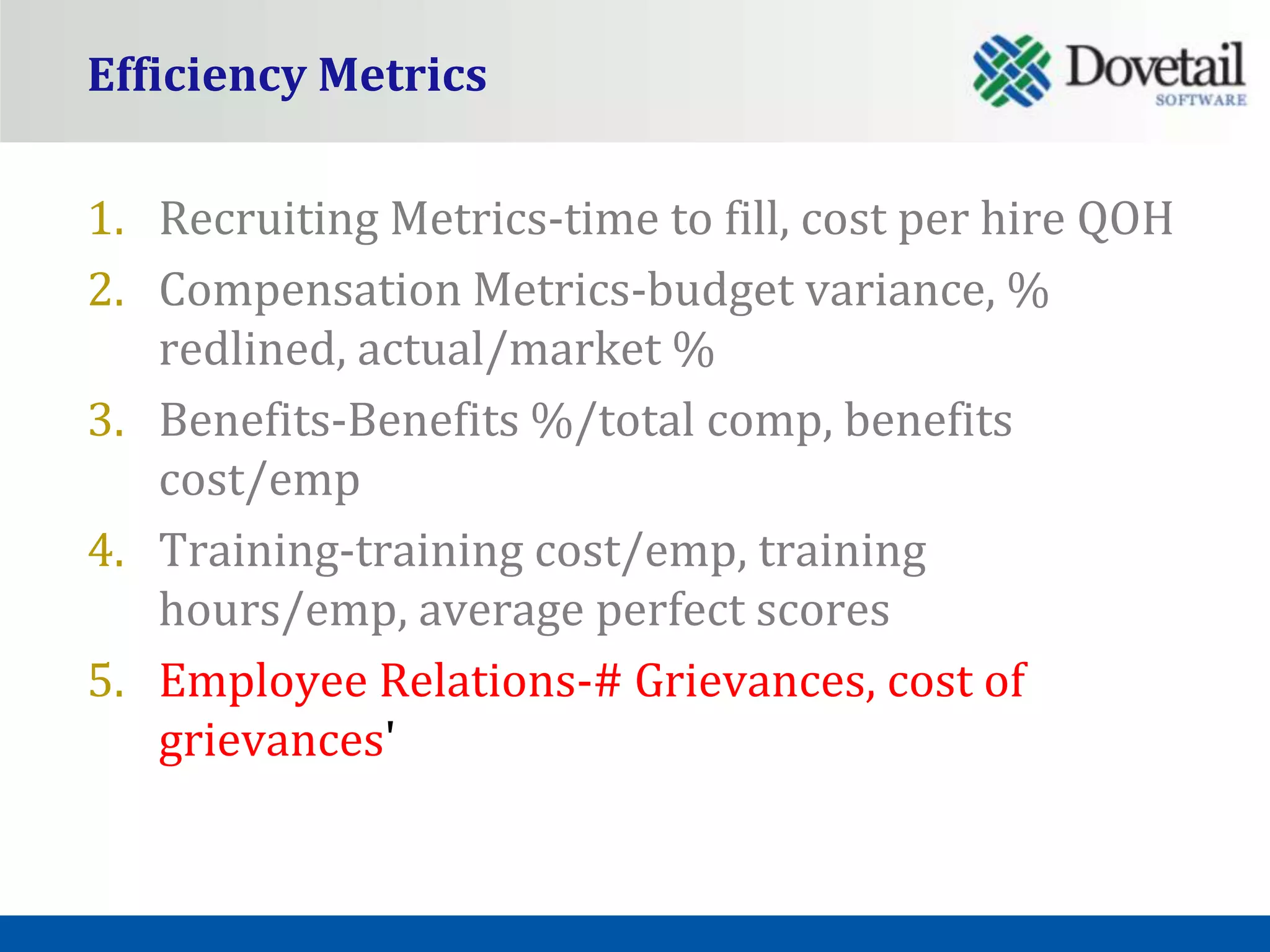 Efficiency Metrics

1. Recruiting Metrics-time to fill, cost per hire QOH
2. Compensation Metrics-budget variance, %
   redlined, actual/market %
3. Benefits-Benefits %/total comp, benefits
   cost/emp
4. Training-training cost/emp, training
   hours/emp, average perfect scores
5. Employee Relations-# Grievances, cost of
   grievances'
 