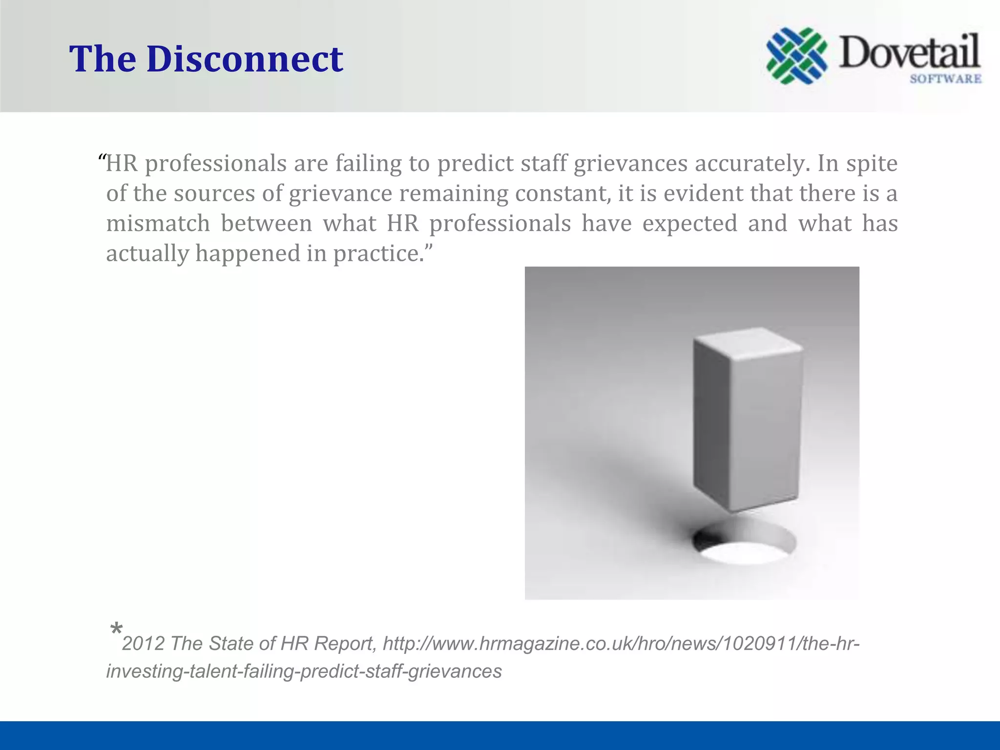 The Disconnect

 “HR professionals are failing to predict staff grievances accurately. In spite
  of the sources of grievance remaining constant, it is evident that there is a
  mismatch between what HR professionals have expected and what has
  actually happened in practice.”




 *2012 The State of HR Report, http://www.hrmagazine.co.uk/hro/news/1020911/the-hr-
 investing-talent-failing-predict-staff-grievances
 