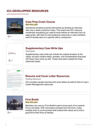ICC-DEVELOPPED RESOURCES
Supplementary case write-ups include the original answers to the
cases, but also creative ideas, answers, and considerations that past
ICC Exec have come up with. These have been created for three
advanced cases.
Supplementary Case Write Ups
Revamped
ICC provides sample resumes and cover letters as well as links to Ivey’s
Career Management resources.
Resume and Cover Letter Resources
Existing Resource
Sometimes students surprise themselves by landing an interview
with only a week’s advance notice. This brand new ICC resource
condenses everything you need to know before an interview into a 6-
page guide, with links to more extensive resources in case members
want to double-click on a specific skill or component.
Case Prep Crash Course
New this year
Members can use our Firm Briefs to get to know each of our partner
firms a bit better. With information provided from the firms, it also
enables them to communicate what makes them stand out to and a
good fit for their firms of interest.
Firm Briefs
New this year
ANNUAL REPORT 20-21
29
 