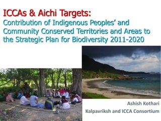 ICCAs & Aichi Targets: 
Contribution of Indigenous Peoples’ and 
Community Conserved Territories and Areas to 
the Strategic Plan for Biodiversity 2011-2020 
Ashish Kothari 
Kalpavriksh and ICCA Consortium 
 