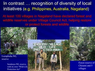 At least 100 villages in Nagaland have declared forest and
wildlife reserves under Village Council Act, helping restore
or protect forests and wildlife
Luzaphuhu WL
reserve
Forest reserve of
Chizami and 5
villages
Sendenyu WL reserve,
with its own “Wild Life
Protection Act”
In contrast … recognition of diversity of local
initiatives (e.g. Philippines, Australia, Nagaland)
 
