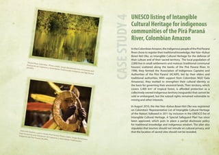 UNESCO listing of Intangible 
Cultural Heritage for indigenous 
communities of the Pirá Paraná 
River, Colombian Amazon 
In the Colombian Amazon, the indigenous people of the Pirá Paraná 
River chose to register their traditional knowledge, Hee Yaia~Kubua 
Baseri Keti Oka, as Intangible Cultural Heritage for the defense of 
their culture and of their sacred territory. The local population of 
2,000 live in small settlements and malocas (traditional communal 
houses) scattered along the banks of the Pirá Paraná River. In 
1996, they formed the ‘Association of Indigenous Captains and 
Authorities of the Pirá Paraná’ (ACAIPI), led by their elders and 
traditional authorities. With support from Colombian NGO ‘Gaia 
Amazonas’, they worked to strengthen their cultural identity as 
the basis for governing their ancestral lands. Their territory, which 
covers 5,400 km2 of tropical forest, is afforded protection as a 
collectively owned indigenous territory (resguardo) that cannot be 
sold or embargoed, but the subsoil rights remained vulnerable to 
mining and other interests. 
In August 2010, the Hee Yaia~Kubua Baseri Keti Oka was registered 
on Colombia’s ‘Representative List of Intangible Cultural Heritage 
of the Nation’, followed in 2011 by inclusion in the UNESCO list of 
Intangible Cultural Heritage. A ‘Special Safeguard Plan’ has since 
been approved, which puts in place a partial disclosure policy 
for traditional knowledge and indigenous wisdom. The plan also 
stipulates that tourism should not intrude on cultural privacy, and 
that the location of sacred sites should not be revealed. 
CASE STUDY 4 
child with feathers used in rituals, Pirá Paraná. Photo credits: Sergio Bartelsman 
Gaia Amazonas and Asociación de Capitanes y Autoridades Tradicionales 
Indígenas del Pirá Paraná (ACAIPI). 
Paraná River, Colombia. Photo credits: Sergio Bartelsman Gaia Amazonas and 
Asociación de Capitanes y Autoridades Tradicionales Indígenas del Pirá Paraná 
(ACAIPI). 
 