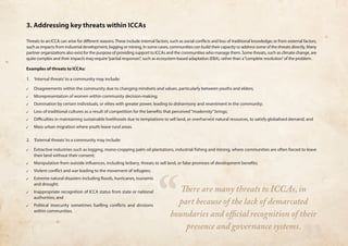 3. Addressing key threats within ICCAs 
Threats to an ICCA can arise for different reasons. These include internal factors, such as social conflicts and loss of traditional knowledge; or from external factors, 
such as impacts from industrial development, logging or mining. In some cases, communities can build their capacity to address some of the threats directly. Many 
partner organizations also exist for the purpose of providing support to ICCAs and the communities who manage them. Some threats, such as climate change, are 
quite complex and their impacts may require “partial responses”, such as ecosystem-based adaptation (EBA), rather than a “complete resolution” of the problem. 
Examples of threats to ICCAs: 
1. ‘Internal threats’ to a community may include: 
✓✓ Disagreements within the community due to changing mindsets and values, particularly between youths and elders; 
✓✓ Misrepresentation of women within community decision-making; 
✓✓ Domination by certain individuals, or elites with greater power, leading to disharmony and resentment in the community; 
✓✓ Loss of traditional cultures as a result of competition for the benefits that perceived “modernity” brings; 
✓✓ Difficulties in maintaining sustainable livelihoods due to temptations to sell land, or overharvest natural resources, to satisfy globalised demand; and 
✓✓ Mass urban migration where youth leave rural areas. 
2. ‘External threats’ to a community may include: 
✓✓ Extractive industries such as logging, mono-cropping palm oil plantations, industrial fishing and mining, where communities are often forced to leave 
their land without their consent; 
✓✓ Manipulation from outside influences, including bribery, threats to sell land, or false promises of development benefits; 
✓✓ Violent conflict and war leading to the movement of refugees; 
✓✓ Extreme natural disasters including floods, hurricanes, tsunamis 
and drought; 
✓✓ Inappropriate recognition of ICCA status from state or national 
authorities; and 
✓✓ Political insecurity sometimes fuelling conflicts and divisions 
within communities. “ 
” 
There are many threats to ICCAs, in 
part because of the lack of demarcated 
boundaries and official recognition of their 
presence and governance systems. 
 