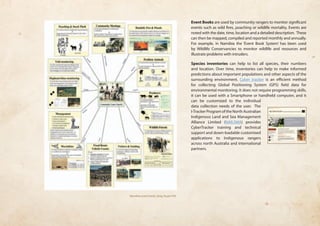 Event Books are used by community rangers to monitor significant 
events such as wild fires, poaching or wildlife mortality. Events are 
noted with the date, time, location and a detailed description. These 
can then be mapped, compiled and reported monthly and annually. 
For example, in Namibia the ‘Event Book System’ has been used 
by Wildlife Conservancies to monitor wildlife and resources and 
illustrate problems with intruders. 
Species inventories can help to list all species, their numbers 
and location. Over time, inventories can help to make informed 
predictions about important populations and other aspects of the 
surrounding environment. Cyber tracker is an efficient method 
for collecting Global Positioning System (GPS) field data for 
environmental monitoring. It does not require programming skills, 
it can be used with a Smartphone or handheld computer, and it 
can be customized to the individual 
data collection needs of the user. The 
I-Tracker Program of the North Australian 
Indigenous Land and Sea Management 
Alliance Limited (NAILSMA) provides 
CyberTracker training and technical 
support and down-loadable customised 
applications to Indigenous rangers 
across north Australia and international 
partners. 
Namibia event book, Greg Stuart Hill 
 