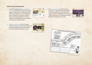 Grant sources and assistance: 
❏❏ The UNDP-implemented GEF Small Grants 
Programme provides financial and technical 
support to field projects carried out by civil 
society organizations up to US$50,000 that 
protect the global environment, address 
community-based adaptation to climate 
change, and contribute to poverty reduction 
and community empowerment. 
❏❏ The Green Grants Fund (GGF) is a global 
network of advisors that provides small grants 
to grassroots advocacy groups working on 
environmental and social justice issues. 
❏❏ The Christensen Fund provides financial 
assistance to support bio-cultural diversity. 
The majority of grants are focused in five 
regions: the African Rift Valley; Central Asia and 
Turkey; Southwest USA and Northern Mexico; 
Melanesia; and Northern Australia. 
GEF SGP Almanario, Guatemala 
 