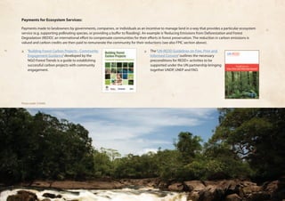 Payments for Ecosystem Services: 
Payments made to landowners by governments, companies, or individuals as an incentive to manage land in a way that provides a particular ecosystem 
service (e.g. supporting pollinating species, or providing a buffer to flooding). An example is ‘Reducing Emissions from Deforestation and Forest 
Degradation (REDD)’, an international effort to compensate communities for their efforts in forest preservation. The reduction in carbon emissions is 
valued and carbon credits are then paid to remunerate the community for their reductions (see also FPIC section above). 
❏❏ ‘Building Forest Carbon Projects - Community 
Engagement Guidance’ developed by the 
NGO Forest Trends is a guide to establishing 
successful carbon projects with community 
engagement. 
❏❏ The ‘UN-REDD Guidelines on Free, Prior and 
Informed Consent’ outlines the necessary 
preconditions for REDD+ activities to be 
supported under the UN partnership bringing 
together UNDP, UNEP and FAO. 
Photo credit: COAMA 
 
