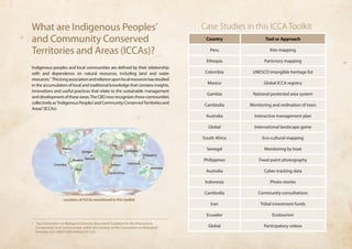 What are Indigenous Peoples’ 
and Community Conserved 
Territories and Areas (ICCAs)? 
Indigenous peoples and local communities are defined by their relationship 
with and dependence on natural resources, including land and water 
resources.1 This long association and reliance upon local resources has resulted 
in the accumulation of local and traditional knowledge that contains insights, 
innovations and useful practices that relate to the sustainable management 
and development of these areas. The CBD now recognizes these communities 
collectively as “Indigenous Peoples’ and Community Conserved Territories and 
Areas” (ICCAs). 
1 See Convention on Biological Diversity document Guidance for the Discussions 
Concerning Local Communities within the Context of the Convention on Biological 
Diversity (ref. UNEP/CBD/AHEG/LCR/1/2). 
Case Studies in this ICCA Toolkit 
Country Tool or Approach 
Peru Kite mapping 
Ethiopia Partictory mapping 
Colombia UNESCO intangible heritage list 
Mexico Global ICCA registry 
Gambia National protected area system 
Cambodia Monitoring and ordination of trees 
Australia Interactive management plan 
Global International landscape game 
South Africa Eco-cultural mapping 
Senegal Monitoring by boat 
Philippines Fixed-point photography 
Australia Cyber-tracking data 
Indonesia Photo-stories 
Cambodia Community consultations 
Iran Tribal investment funds 
Ecuador Ecotourism 
Global Participatory videos 
Location of ICCAs mentioned in this toolkit 
 