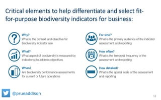 @prueaddison
11
Critical elements to help differentiate and select fit-
for-purpose biodiversity indicators for business:
 