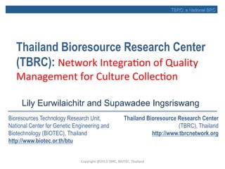 Thailand Bioresource Research Center
(TBRC): Network Integration of Quality
Management for Culture Collection
Copyright @2013 TBRC, BIOTEC, Thailand
TBRC: a National BRCTBRC: a National BRC
Bioresources Technology Research Unit,
National Center for Genetic Engineering and
Biotechnology (BIOTEC), Thailand
http://www.biotec.or.th/btu
Thailand Bioresource Research Center
(TBRC), Thailand
http://www.tbrcnetwork.org
Lily Eurwilaichitr and Supawadee Ingsriswang
 