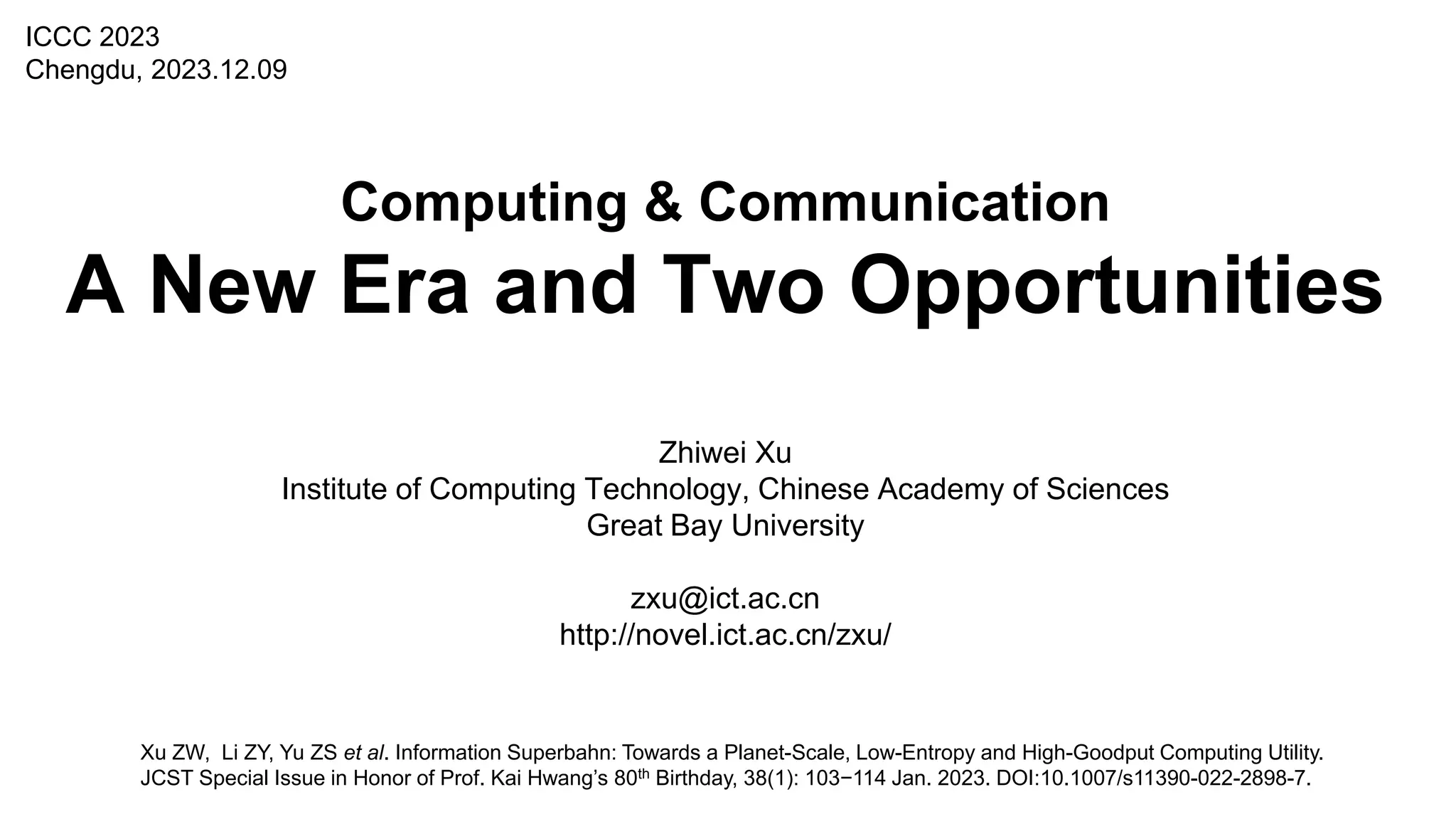 ICCC 2023 Keynote by Zhiwei Xu on Computing & Communication | PDF