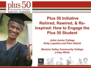 Plus 50 InitiativeRehired, Rewired, & Re-inspired: How to Engage the Plus 50 Student Joliet Junior CollegeKelly Lapetino and Pam AbbottMoraine Valley Community CollegeLinley White 