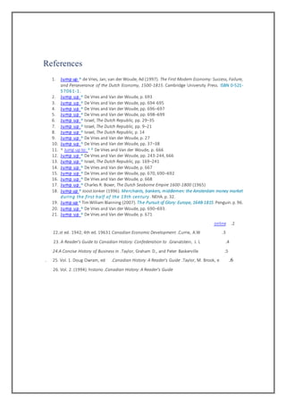 References
1. Jump up ^ de Vries, Jan; van der Woude, Ad (1997). The First Modern Economy: Success, Failure,
and Perseverance of the Dutch Economy, 1500-1815. Cambridge University Press. ISBN 0-521-
57061-1.
2. Jump up ^ De Vries and Van der Woude, p. 693
3. Jump up ^ De Vries and Van der Woude, pp. 694-695
4. Jump up ^ De Vries and Van der Woude, pp. 696–697
5. Jump up ^ De Vries and Van der Woude, pp. 698–699
6. Jump up ^ Israel, The Dutch Republic, pp. 29–35
7. Jump up ^ Israel, The Dutch Republic, pp. 9–21
8. Jump up ^ Israel, The Dutch Republic, p. 14
9. Jump up ^ De Vries and Van der Woude, p. 27
10. Jump up ^ De Vries and Van der Woude, pp. 37–38
11. ^ Jump up to: a b De Vries and Van der Woude, p. 666
12. Jump up ^ De Vries and Van der Woude, pp. 243-244, 666
13. Jump up ^ Israel, The Dutch Republic, pp. 169–241
14. Jump up ^ De Vries and Van der Woude, p. 667
15. Jump up ^ De Vries and Van der Woude, pp. 670, 690–692
16. Jump up ^ De Vries and Van der Woude, p. 668
17. Jump up ^ Charles R. Boxer, The Dutch Seaborne Empire 1600-1800 (1965)
18. Jump up ^ JoostJonker (1996). Merchants, bankers, middlemen: the Amsterdam money market
during the first half of the 19th century . NEHA. p. 32.
19. Jump up ^ TimWilliam Blanning (2007). The Pursuit of Glory: Europe, 1648-1815.Penguin.p. 96.
20. Jump up ^ De Vries and Van der Woude, pp. 690–693.
21. Jump up ^ De Vries and Van der Woude, p. 671
2.online
3.Currie, A.W.Canadian Economic Development1st ed. 1942; 4th ed. 1963.22
4.Granatstein, J. L.23. A Reader's Guide to Canadian History: Confederation to
5.Taylor, Graham D., and Peter Baskerville.24.A Concise History of Business in
6.Taylor, M. Brook, e.Canadian History: A Reader's Guide.25. Vol. 1. Doug Owram, ed.
Canadian History: A Reader's Guide.26. Vol. 2. (1994). historio
 