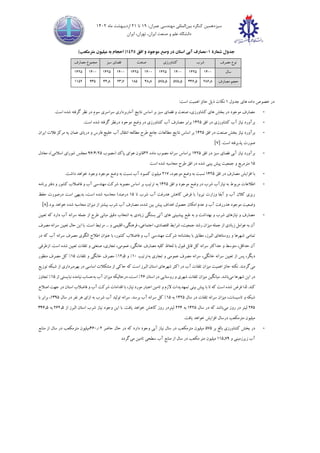 ‫سیزدهمین‬
‫کنگره‬
‫بین‬
‫المللی‬
،‫عمران‬ ‫مهندسی‬
19
‫تا‬
21
‫ماه‬ ‫اردیبهشت‬
1402
‫ایران‬ ،‫تهران‬ ،‫ایران‬ ‫صنعت‬ ‫و‬ ‫علم‬ ‫دانشگاه‬
‫شمار‬ ‫جدول‬
‫ۀ‬
1
-
‫افق‬ ‫و‬ ‫موجود‬ ‫وصع‬ ‫در‬ ‫استان‬ ‫آبی‬ ‫مصارف‬
1425
)‫مترمکعب‬ ‫میلیون‬ ‫به‬ ‫احجام‬ (
‫مصرف‬ ‫نوع‬
‫شرب‬
‫کشاورزی‬
‫صنعت‬
‫سبز‬ ‫فضای‬
‫مصارف‬ ‫مجموع‬
‫سال‬
14٠٠
1425
14٠٠
1425
14٠٠
1425
14٠٠
1425
14٠٠
1425
‫مصارف‬ ‫حجم‬
2٨٦,٨
34٦,5
575,5
575,5
4٨,٨
1٨5
23,7
44,٨
٩35
1152
‫داد‬ ‫خصوص‬ ‫در‬
‫ه‬
‫جدول‬ ‫های‬
1
:‫است‬ ‫اهمیت‬ ‫حائز‬ ‫ذیل‬ ‫نکات‬
-
.‫است‬ ‫شده‬ ‫گرفته‬ ‫نظر‬ ‫در‬ ‫سوم‬ ‫سراسری‬ ‫آماربرداری‬ ‫نتایج‬ ‫اساس‬ ‫بر‬ ‫سبز‬ ‫فضای‬ ‫و‬ ‫صنعت‬ ،‫کشاورزی‬ ‫های‬ ‫بخش‬ ‫در‬ ‫موجود‬ ‫مصارف‬
-
‫افق‬ ‫در‬ ‫کشاورزی‬ ‫آب‬ ‫نیاز‬ ‫برآورد‬
1425
‫وضع‬ ‫در‬ ‫کشاورزی‬ ‫آب‬ ‫مصارف‬ ‫برابر‬
.‫است‬ ‫شده‬ ‫گرفته‬ ‫درنظر‬ ‫موحود‬
-
‫افق‬ ‫در‬ ‫صنعت‬ ‫بخش‬ ‫نیاز‬ ‫برآورد‬
1425
‫فارس‬ ‫خلیج‬ ‫آب‬ ‫انتقال‬ ‫مطالعه‬ ‫طرح‬ ‫جامع‬ ‫مطالعات‬ ‫نتایج‬ ‫اساس‬ ‫بر‬
‫عمان‬ ‫دریای‬ ‫و‬
‫یه‬
‫ایران‬ ‫فالت‬ ‫مرکز‬
.‫است‬ ‫پذیرفته‬ ‫صورت‬
]
7
[
-
‫افق‬ ‫در‬ ‫سبز‬ ‫فضای‬ ‫آبی‬ ‫نیاز‬ ‫برآورد‬
1425
‫ماده‬ ‫مصوب‬ ‫سرانه‬ ‫براساس‬
22
‫(مصوب‬ ‫پاك‬ ‫هوای‬ ‫قانون‬
25
/
4
/
٩٦
‫معادل‬ ،)‫اسالمی‬ ‫شورای‬ ‫مجلس‬
15
‫پیش‬ ‫جمعیت‬ ‫و‬ ‫مترمربع‬
‫طرح‬ ‫افق‬ ‫در‬ ‫شده‬ ‫بینی‬
‫است‬ ‫شده‬ ‫محاسبه‬
-
‫افق‬ ‫در‬ ‫مصارف‬ ‫افزایش‬ ‫با‬
1425
،‫موجود‬ ‫وضع‬ ‫به‬ ‫نسبت‬
217
‫نس‬ ‫آب‬ ‫کمبود‬ ‫میلیون‬
.‫داشت‬ ‫خواهد‬ ‫وجود‬ ‫موجود‬ ‫وضع‬ ‫به‬ ‫بت‬
-
‫افق‬ ‫و‬ ‫موجود‬ ‫وضع‬ ‫در‬ ‫شرب‬ ‫نیازآب‬ ‫به‬ ‫مربوط‬ ‫اطالعات‬
1425
‫بر‬ ‫ترتیب‬ ‫به‬
‫برنامه‬ ‫دفتر‬ ‫و‬ ‫کشور‬ ‫فاضالب‬ ‫و‬ ‫آب‬ ‫مهندسی‬ ‫شرکت‬ ‫مصوبه‬ ‫اساس‬
‫تا‬ ‫شرب‬ ‫آب‬ ‫هدرفت‬ ‫کاهش‬ ‫فرض‬ ‫با‬ (‫نیرو‬ ‫وزارت‬ ‫آبفا‬ ‫و‬ ‫آب‬ ‫کالن‬ ‫ریزی‬
15
‫حفظ‬ ‫درصورت‬ ‫است‬ ‫بدیهی‬ ،‫است‬ ‫شده‬ ‫محاسبه‬ )‫درصد‬
‫شد‬ ‫محاسبه‬ ‫میزان‬ ‫از‬ ‫بیشتر‬ ‫شرب‬ ‫آب‬ ‫مصارف‬ ،‫شده‬ ‫بین‬ ‫پیش‬ ‫اهداف‬ ‫حصول‬ ‫امکان‬ ‫عدم‬ ‫و‬ ‫آب‬ ‫هدررفت‬ ‫موجود‬ ‫وضعیت‬
.‫بود‬ ‫خواهد‬ ‫ه‬
]
٨
[
-
‫تعیین‬ ‫که‬ ‫دارد‬ ‫آب‬ ‫سرانه‬ ‫جمله‬ ‫از‬ ‫طرح‬ ‫مبانی‬ ‫دقیق‬ ‫انتخاب‬ ‫به‬ ‫زیادی‬ ‫بستگی‬ ‫آتی‬ ‫های‬ ‫پیشبینی‬ ‫طبع‬ ‫به‬ ‫و‬ ‫بهداشت‬ ‫و‬ ‫شرب‬ ‫نیازهای‬ ‫و‬ ‫مصارف‬
‫مصر‬ ‫سرانه‬ ‫تعیین‬ ‫حال‬ ‫این‬ ‫با‬ .‫است‬ ‫مرتبط‬ ... ‫و‬ ‫اقلیمی‬ ،‫فرهنگی‬ ،‫اجتماعی‬ ،‫اقتصادی‬ ‫شرایط‬ ،‫جمعیت‬ ‫رشد‬ ‫میزان‬ ‫جمله‬ ‫از‬ ‫زیادی‬ ‫عوامل‬ ‫به‬ ‫آن‬
‫ف‬
‫ش‬ ‫تمامی‬
‫در‬ ‫که‬ ‫آب‬ ‫سرانه‬ ‫مصرف‬ ‫الگوی‬ ‫اطالح‬ ‫عنوان‬ ‫با‬ ،‫کشور‬ ‫فاضالب‬ ‫و‬ ‫آب‬ ‫مهندسی‬ ‫شرکت‬ ‫بخشنامه‬ ‫با‬ ‫مطابق‬ ،‫البرز‬ ‫روستاهای‬ ‫و‬ ‫هرها‬
‫ازطرفی‬ .‫است‬ ‫شده‬ ‫تعیین‬ ‫تلفات‬ ‫و‬ ‫صنعتی‬ ،‫تجاری‬ ،‫عمومی‬ ،‫خانگی‬ ‫مصارف‬ ‫کلیه‬ ‫لحاظ‬ ‫با‬ ‫قبول‬ ‫قابل‬ ‫کل‬ ‫سرانه‬ ‫حداکثر‬ ‫و‬ ‫متوسط‬ ،‫حداقل‬ ‫آن‬
‫خ‬ ‫سرانه‬ ‫تعیین‬ ‫از‬ ‫پس‬ ،‫دیگر‬
‫به‬ ‫تجاری‬ ‫و‬ ‫عمومی‬ ‫مصرف‬ ‫سرانه‬ ،‫انگی‬
‫ترتیب‬
1٠
%
‫و‬
12,5
%
‫تلفات‬ ‫و‬ ‫خانگی‬ ‫مصرف‬
15
%
‫منظور‬ ‫مصرف‬ ‫کل‬
‫می‬
‫بهره‬ ‫در‬ ‫اساسی‬ ‫مشکالت‬ ‫از‬ ‫حاکی‬ ‫که‬ ‫است‬ ‫البرز‬ ‫استان‬ ‫شهرهای‬ ‫اکثر‬ ‫در‬ ‫آب‬ ‫تلفات‬ ‫میزان‬ ‫اهمیت‬ ‫حائز‬ ‫نکته‬ .‫گردند‬
‫توزیع‬ ‫شبکه‬ ‫از‬ ‫برداری‬
‫می‬ ‫شهرها‬ ‫این‬ ‫در‬
‫تلفات‬ ‫میزان‬ ‫میانگین‬ .‫باشد‬
‫استان‬ ‫در‬ ‫روستایی‬ ‫و‬ ‫شهری‬
2٦
%
‫به‬ ‫آب‬ ‫میزان‬ ‫درحالیکه‬ ،‫است‬
‫از‬ ‫نبایستی‬ ‫نیامده‬ ‫حساب‬
15
%
‫تجاوز‬
‫با‬ ‫تا‬ ‫که‬ ‫است‬ ‫شده‬ ‫فرض‬ ‫لذا‬ .‫کند‬
‫با‬ ،‫نیاز‬ ‫مورد‬ ‫اعتبار‬ ‫تامین‬ ‫و‬ ‫الزم‬ ‫تمهدیدات‬ ‫بینی‬ ‫پیش‬
‫فاضالب‬ ‫و‬ ‫آب‬ ‫شرکت‬ ‫اقدامات‬
‫استان‬
‫اصالح‬ ‫جهت‬ ‫در‬
‫سال‬ ‫در‬ ‫تلفات‬ ‫سرانه‬ ‫میزان‬ ،‫تاسیسات‬ ‫و‬ ‫شبکه‬
1425
‫به‬
15
%
‫سال‬ ‫در‬ ‫نفر‬ ‫هر‬ ‫ازای‬ ‫به‬ ‫شرب‬ ‫آب‬ ‫تولید‬ ‫سرانه‬ .‫برسد‬ ‫آب‬ ‫سرانه‬ ‫کل‬
13٩5
‫با‬ ‫برابر‬ ،
2٦5
‫می‬ ‫روز‬ ‫در‬ ‫لیتر‬
‫سال‬ ‫در‬ ‫که‬ ‫باشد‬
1425
‫به‬
224
‫از‬ ‫البرز‬ ‫استان‬ ‫شرب‬ ‫نیاز‬ ‫وجود‬ ‫این‬ ‫با‬ .‫یافت‬ ‫خواهد‬ ‫کاهش‬ ‫روز‬ ‫لیتردر‬
2٦2,5
‫به‬
34٦,5
.‫یافت‬ ‫خواهد‬ ‫افزایش‬ ‫درسال‬ ‫مترمکعب‬ ‫میلیون‬
-
‫بر‬ ‫بالغ‬ ‫کشاورزی‬ ‫بخش‬ ‫در‬
575
‫حاضر‬ ‫حال‬ ‫در‬ ‫که‬ ‫دارد‬ ‫وجود‬ ‫آبی‬ ‫نیاز‬ ‫سال‬ ‫در‬ ‫مترمکعب‬ ‫میلیون‬
4٦٠,٠2
‫منابع‬ ‫از‬ ‫سال‬ ‫در‬ ‫مترمکعب‬ ‫میلیون‬
‫و‬ ‫زیرزمینی‬ ‫آب‬
115,7٩
‫می‬ ‫تامین‬ ‫سطحی‬ ‫آب‬ ‫منابع‬ ‫از‬ ‫سال‬ ‫در‬ ‫مکعب‬ ‫متر‬ ‫میلیون‬
‫گردد‬
 