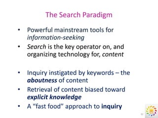 The Search Paradigm
• Powerful mainstream tools for
  information-seeking
• Search is the key operator on, and
  organizing technology for, content

• Inquiry instigated by keywords – the
  aboutness of content
• Retrieval of content biased toward
  explicit knowledge
• A “fast food” approach to inquiry
                                         32
 