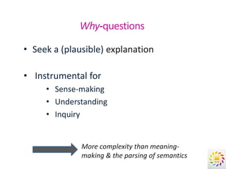 Why-questions

• Seek a (plausible) explanation

• Instrumental for
     • Sense-making
     • Understanding
     • Inquiry


              More complexity than meaning-
              making & the parsing of semantics
 