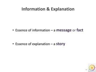 Information & Explanation



• Essence of information – a message or fact


• Essence of explanation – a story




                                               34
 
