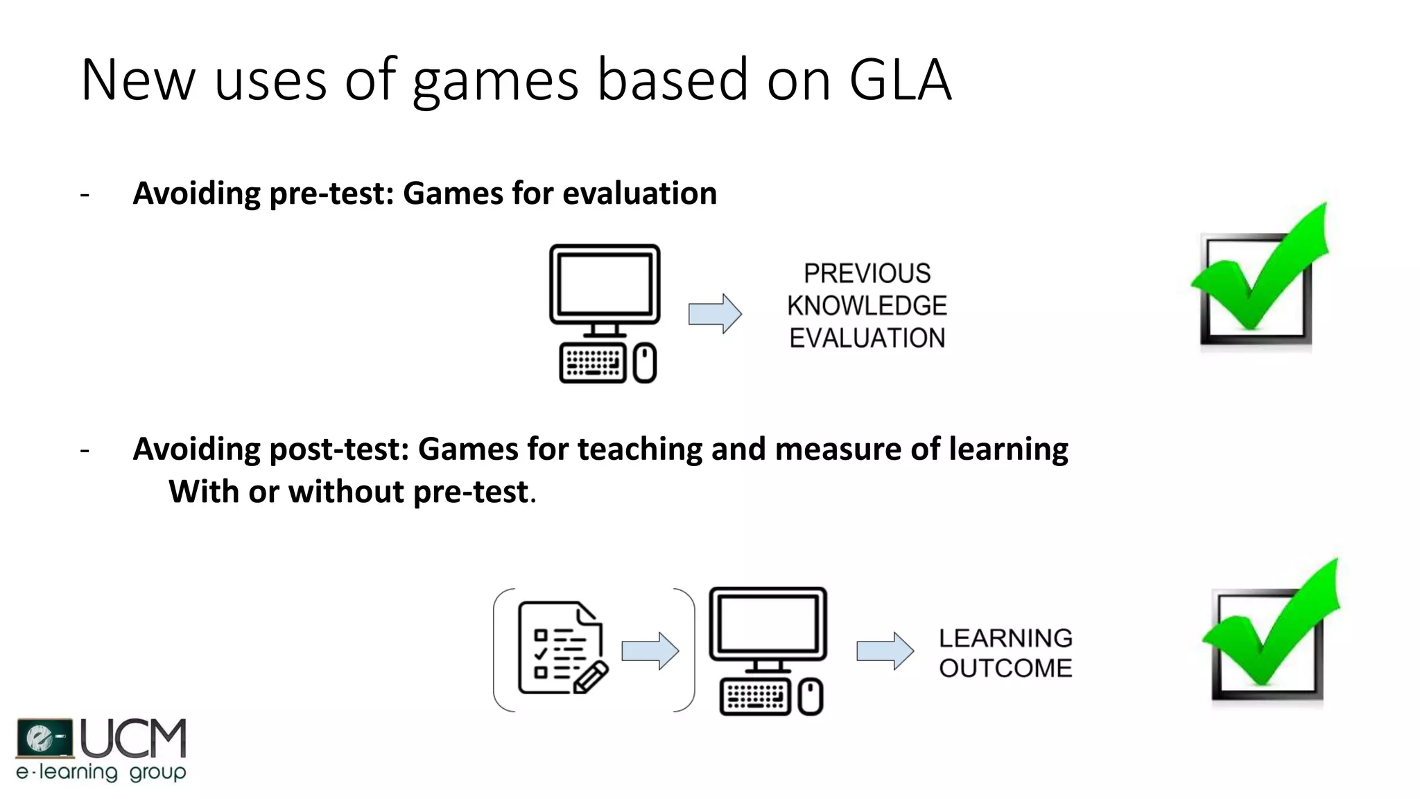 New uses of games based on GLA
- Avoiding pre-test: Games for evaluation
- Avoiding post-test: Games for teaching and measure of learning
With or without pre-test.
 