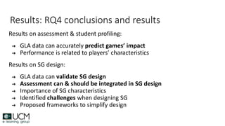 Results: RQ4 conclusions and results
Results on assessment & student profiling:
➔ GLA data can accurately predict games’ impact
➔ Performance is related to players’ characteristics
Results on SG design:
➔ GLA data can validate SG design
➔ Assessment can & should be integrated in SG design
➔ Importance of SG characteristics
➔ Identified challenges when designing SG
➔ Proposed frameworks to simplify design
 