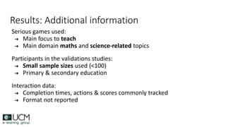 Results: Additional information
Serious games used:
➔ Main focus to teach
➔ Main domain maths and science-related topics
Participants in the validations studies:
➔ Small sample sizes used (<100)
➔ Primary & secondary education
Interaction data:
➔ Completion times, actions & scores commonly tracked
➔ Format not reported
 