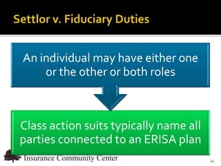 An individual may have either one
    or the other or both roles



Class action suits typically name all
parties connected to an ERISA plan
                       www.InsuranceCommunityUniversity.com
                                                         18
 