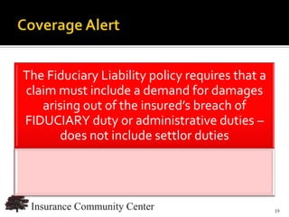 The Fiduciary Liability policy requires that a
claim must include a demand for damages
   arising out of the insured’s breach of
FIDUCIARY duty or administrative duties –
      does not include settlor duties




                            www.InsuranceCommunityUniversity.com
                                                              19
 