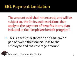 The amount paid shall not exceed, and will be
    subject to, the limits and restrictions that
    apply to the payment of benefits in any plan
    included in the "employee benefit program".

   This is a critical restriction and can leave a
    gap between the financial loss to the
    employee and the coverage amount

                                  www.InsuranceCommunityUniversity.com
                                                                    31
 