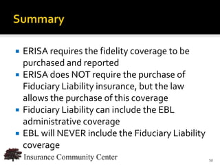    ERISA requires the fidelity coverage to be
    purchased and reported
   ERISA does NOT require the purchase of
    Fiduciary Liability insurance, but the law
    allows the purchase of this coverage
   Fiduciary Liability can include the EBL
    administrative coverage
   EBL will NEVER include the Fiduciary Liability
    coverage
                               www.InsuranceCommunityUniversity.com
                                                                 50
 