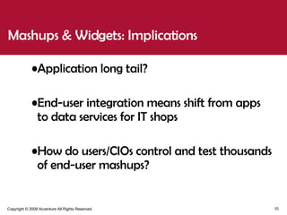 Application long tail? End-user integration means shift from apps to data services for IT shops How do users/CIOs control and test thousands of end-user mashups?  Mashups & Widgets: Implications 