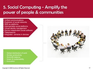 5. Social Computing - Amplify the power of people & communities Unified communications Explosion of social networks SNS as platforms  Interoperable social platforms  Virtual identity management  Device independent social software Telepresence  Integrated  cameras in devices   Global distribution of work  Worker productivity  Work-life balance  Green & sustainability  Innovation  