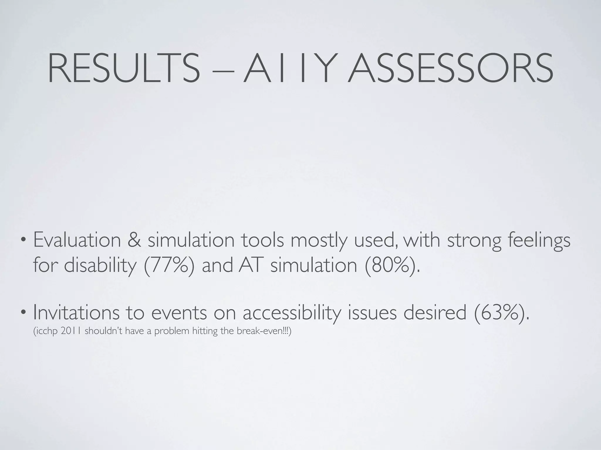 RESULTS – A11Y ASSESSORS


• Evaluation  & simulation tools mostly used, with strong feelings
 for disability (77%) and AT simulation (80%).

• Invitations          to events on accessibility issues desired (63%).
 (icchp 2011 shouldn’t have a problem hitting the break-even!!!)
 