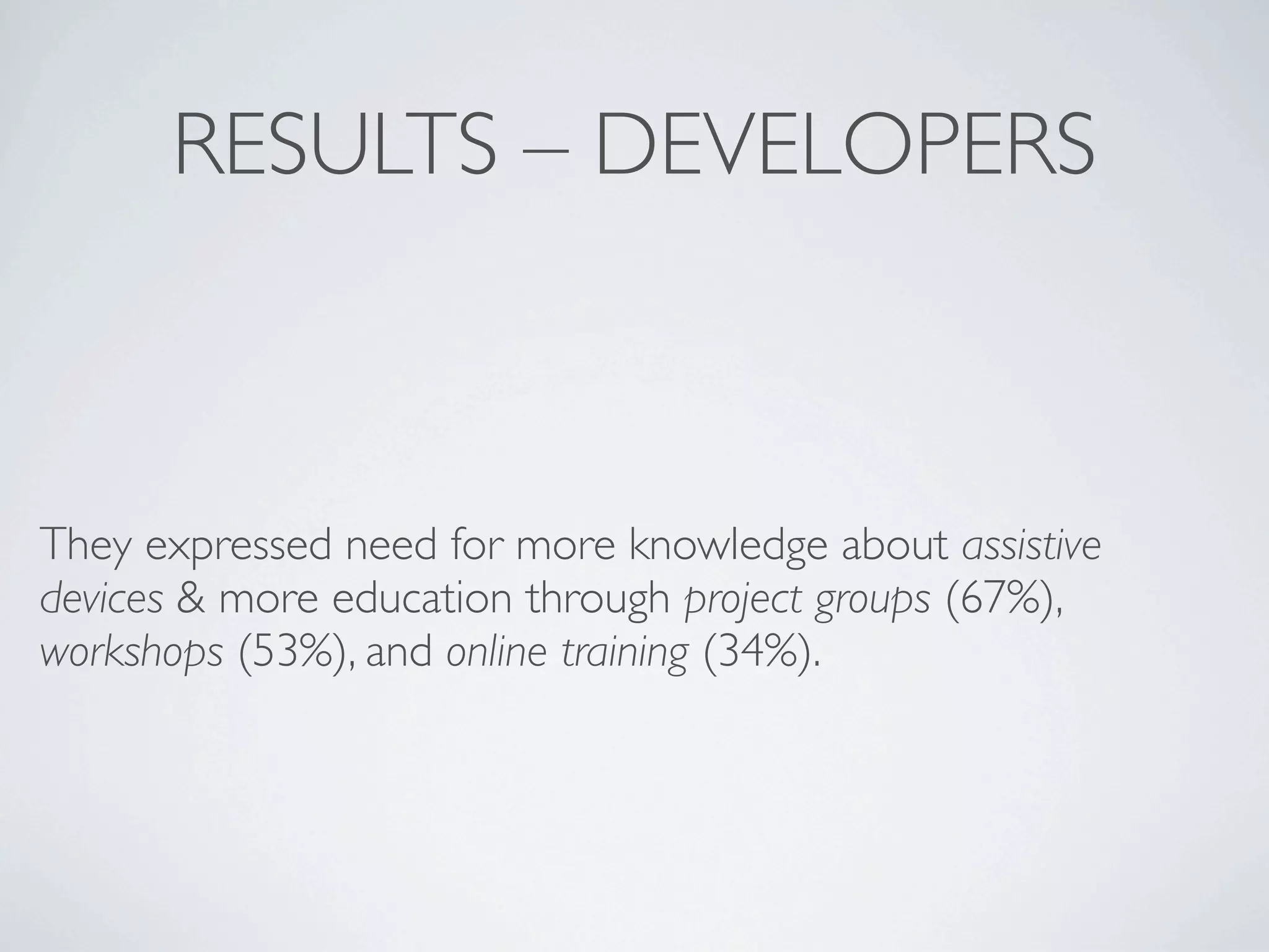 RESULTS – DEVELOPERS



They expressed need for more knowledge about assistive
devices & more education through project groups (67%),
workshops (53%), and online training (34%).
 