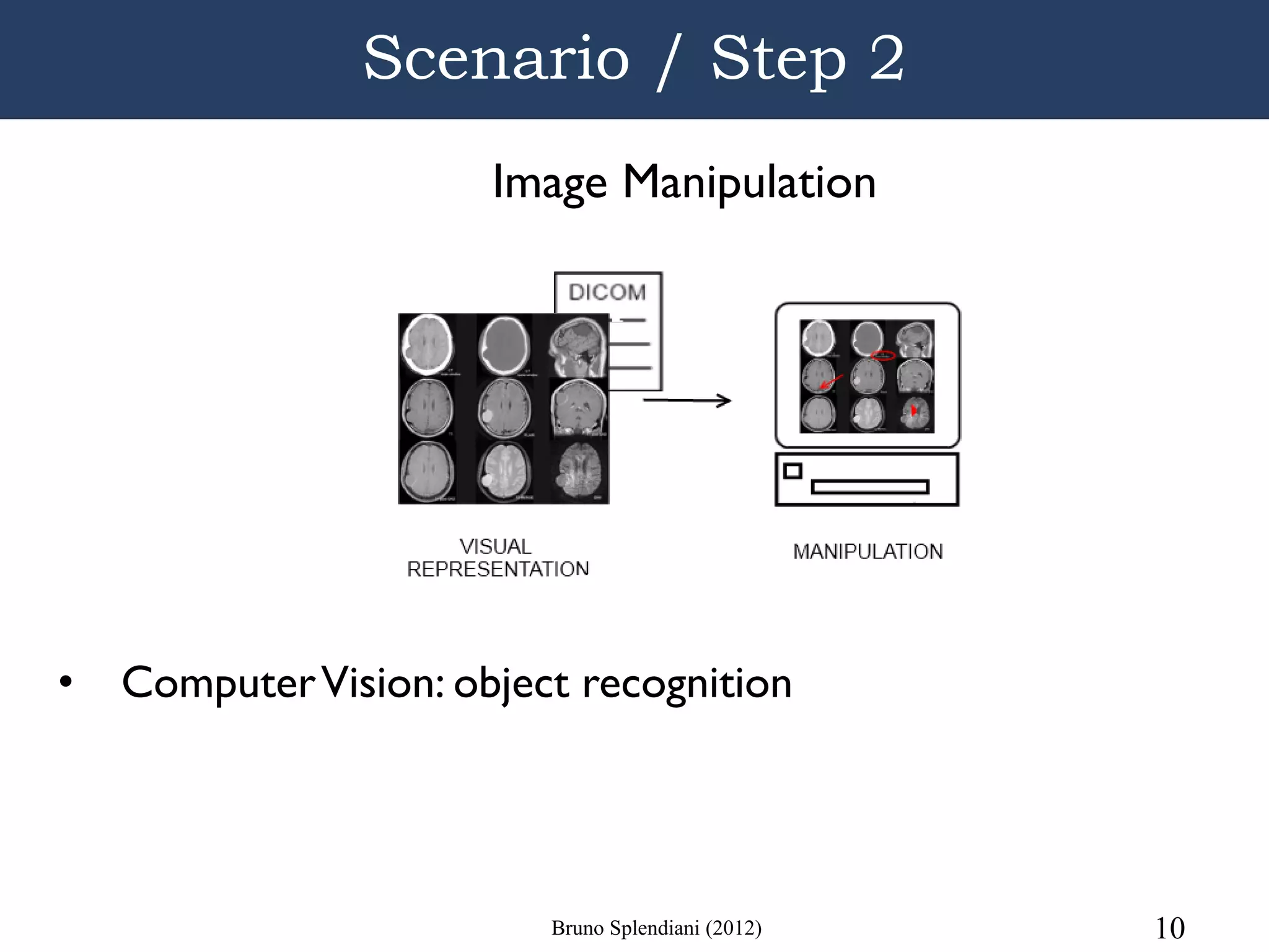 Scenario / Step 2
                       Image Manipulation




•   Computer Vision: object recognition




                          Bruno Splendiani (2012)   10
 
