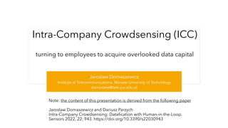 Intra-Company Crowdsensing (ICC)
turning to employees to acquire overlooked data capital
Jaroslaw Domaszewicz
Institute of Telecommunications, Warsaw University of Technology
domaszew@tele.pw.edu.pl
Note: the content of this presentation is derived from the following paper
Jaroslaw Domaszewicz and Dariusz Parzych
Intra-Company Crowdsensing: Datafication with Human-in-the-Loop.
Sensors 2022, 22, 943. https://doi.org/10.3390/s22030943
 