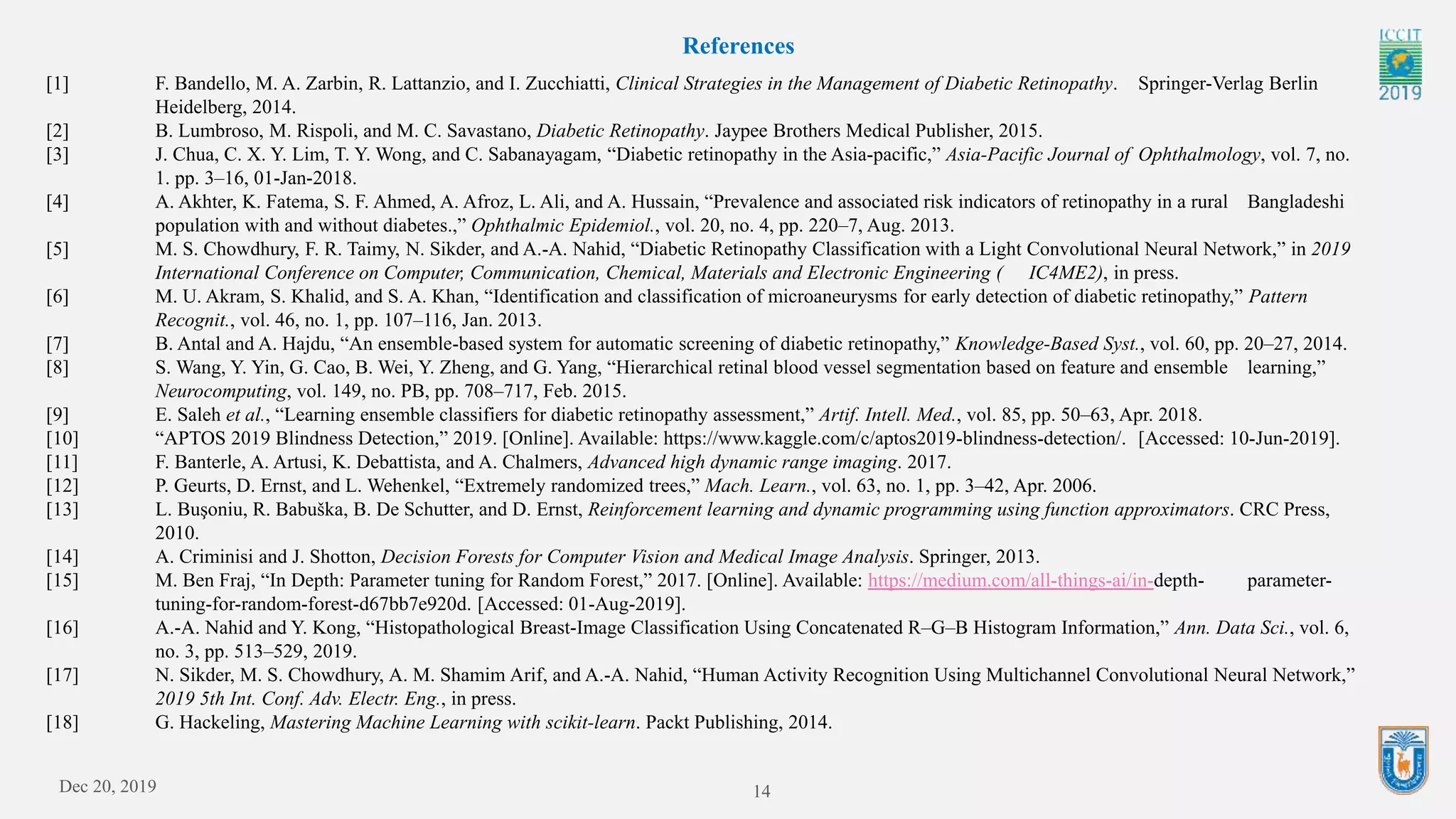 14
References
[1] F. Bandello, M. A. Zarbin, R. Lattanzio, and I. Zucchiatti, Clinical Strategies in the Management of Diabetic Retinopathy. Springer-Verlag Berlin
Heidelberg, 2014.
[2] B. Lumbroso, M. Rispoli, and M. C. Savastano, Diabetic Retinopathy. Jaypee Brothers Medical Publisher, 2015.
[3] J. Chua, C. X. Y. Lim, T. Y. Wong, and C. Sabanayagam, “Diabetic retinopathy in the Asia-pacific,” Asia-Pacific Journal of Ophthalmology, vol. 7, no.
1. pp. 3–16, 01-Jan-2018.
[4] A. Akhter, K. Fatema, S. F. Ahmed, A. Afroz, L. Ali, and A. Hussain, “Prevalence and associated risk indicators of retinopathy in a rural Bangladeshi
population with and without diabetes.,” Ophthalmic Epidemiol., vol. 20, no. 4, pp. 220–7, Aug. 2013.
[5] M. S. Chowdhury, F. R. Taimy, N. Sikder, and A.-A. Nahid, “Diabetic Retinopathy Classification with a Light Convolutional Neural Network,” in 2019
International Conference on Computer, Communication, Chemical, Materials and Electronic Engineering ( IC4ME2), in press.
[6] M. U. Akram, S. Khalid, and S. A. Khan, “Identification and classification of microaneurysms for early detection of diabetic retinopathy,” Pattern
Recognit., vol. 46, no. 1, pp. 107–116, Jan. 2013.
[7] B. Antal and A. Hajdu, “An ensemble-based system for automatic screening of diabetic retinopathy,” Knowledge-Based Syst., vol. 60, pp. 20–27, 2014.
[8] S. Wang, Y. Yin, G. Cao, B. Wei, Y. Zheng, and G. Yang, “Hierarchical retinal blood vessel segmentation based on feature and ensemble learning,”
Neurocomputing, vol. 149, no. PB, pp. 708–717, Feb. 2015.
[9] E. Saleh et al., “Learning ensemble classifiers for diabetic retinopathy assessment,” Artif. Intell. Med., vol. 85, pp. 50–63, Apr. 2018.
[10] “APTOS 2019 Blindness Detection,” 2019. [Online]. Available: https://www.kaggle.com/c/aptos2019-blindness-detection/. [Accessed: 10-Jun-2019].
[11] F. Banterle, A. Artusi, K. Debattista, and A. Chalmers, Advanced high dynamic range imaging. 2017.
[12] P. Geurts, D. Ernst, and L. Wehenkel, “Extremely randomized trees,” Mach. Learn., vol. 63, no. 1, pp. 3–42, Apr. 2006.
[13] L. Buşoniu, R. Babuška, B. De Schutter, and D. Ernst, Reinforcement learning and dynamic programming using function approximators. CRC Press,
2010.
[14] A. Criminisi and J. Shotton, Decision Forests for Computer Vision and Medical Image Analysis. Springer, 2013.
[15] M. Ben Fraj, “In Depth: Parameter tuning for Random Forest,” 2017. [Online]. Available: https://medium.com/all-things-ai/in-depth- parameter-
tuning-for-random-forest-d67bb7e920d. [Accessed: 01-Aug-2019].
[16] A.-A. Nahid and Y. Kong, “Histopathological Breast-Image Classification Using Concatenated R–G–B Histogram Information,” Ann. Data Sci., vol. 6,
no. 3, pp. 513–529, 2019.
[17] N. Sikder, M. S. Chowdhury, A. M. Shamim Arif, and A.-A. Nahid, “Human Activity Recognition Using Multichannel Convolutional Neural Network,”
2019 5th Int. Conf. Adv. Electr. Eng., in press.
[18] G. Hackeling, Mastering Machine Learning with scikit-learn. Packt Publishing, 2014.
Dec 20, 2019
 