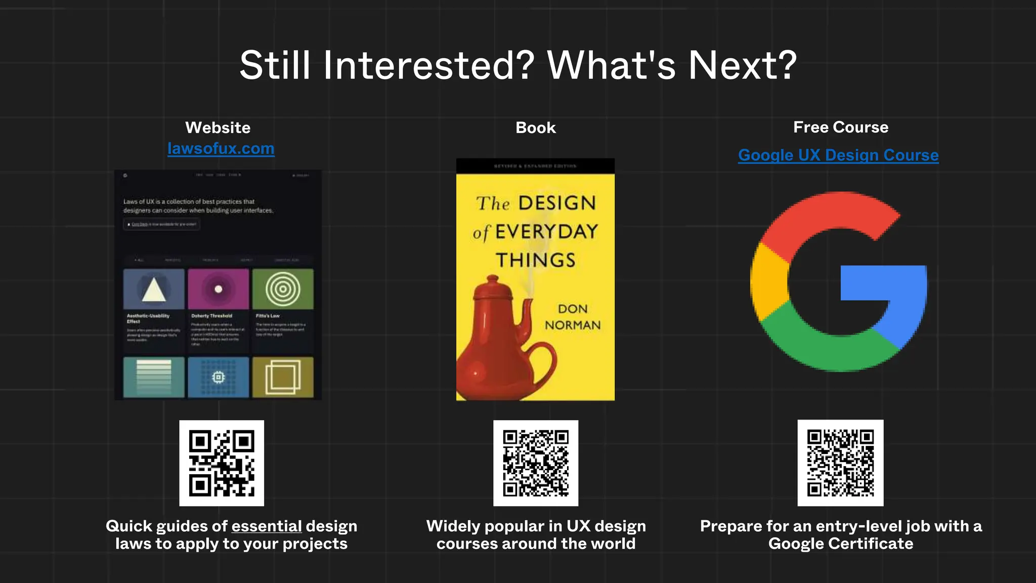 Still Interested? What's Next?
Quick guides of essential design
laws to apply to your projects
Website
Widely popular in UX design
courses around the world
Book
lawsofux.com Google UX Design Course
Prepare for an entry-level job with a
Google Certificate
Free Course
 
