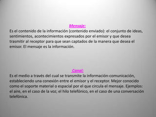 Mensaje:
Es el contenido de la información (contenido enviado): el conjunto de ideas,
sentimientos, acontecimientos expresados por el emisor y que desea
trasmitir al receptor para que sean captados de la manera que desea el
emisor. El mensaje es la información.




                                        Canal:
Es el medio a través del cual se transmite la información-comunicación,
estableciendo una conexión entre el emisor y el receptor. Mejor conocido
como el soporte material o espacial por el que circula el mensaje. Ejemplos:
el aire, en el caso de la voz; el hilo telefónico, en el caso de una conversación
telefónica.
 