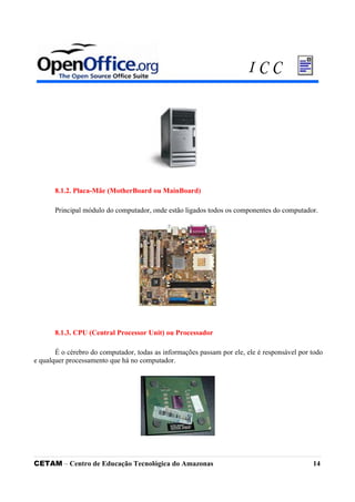 8.1.2. Placa-Mãe (MotherBoard ou MainBoard)
Principal módulo do computador, onde estão ligados todos os componentes do computador.
8.1.3. CPU (Central Processor Unit) ou Processador
É o cérebro do computador, todas as informações passam por ele, ele é responsável por todo
e qualquer processamento que há no computador.
CETAM – Centro de Educação Tecnológica do Amazonas 14
I C C
 