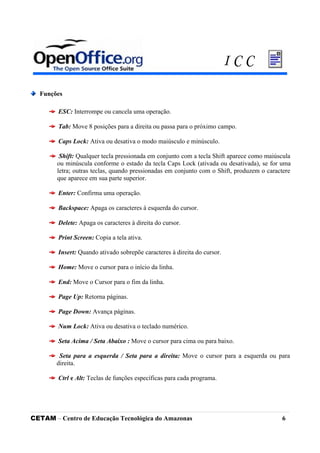 Funções
ESC: Interrompe ou cancela uma operação.
Tab: Move 8 posições para a direita ou passa para o próximo campo.
Caps Lock: Ativa ou desativa o modo maiúsculo e minúsculo.
Shift: Qualquer tecla pressionada em conjunto com a tecla Shift aparece como maiúscula
ou minúscula conforme o estado da tecla Caps Lock (ativada ou desativada), se for uma
letra; outras teclas, quando pressionadas em conjunto com o Shift, produzem o caractere
que aparece em sua parte superior.
Enter: Confirma uma operação.
Backspace: Apaga os caracteres à esquerda do cursor.
Delete: Apaga os caracteres à direita do cursor.
Print Screen: Copia a tela ativa.
Insert: Quando ativado sobrepõe caracteres à direita do cursor.
Home: Move o cursor para o início da linha.
End: Move o Cursor para o fim da linha.
Page Up: Retorna páginas.
Page Down: Avança páginas.
Num Lock: Ativa ou desativa o teclado numérico.
Seta Acima / Seta Abaixo : Move o cursor para cima ou para baixo.
Seta para a esquerda / Seta para a direita: Move o cursor para a esquerda ou para
direita.
Ctrl e Alt: Teclas de funções específicas para cada programa.
CETAM – Centro de Educação Tecnológica do Amazonas 6
I C C
 