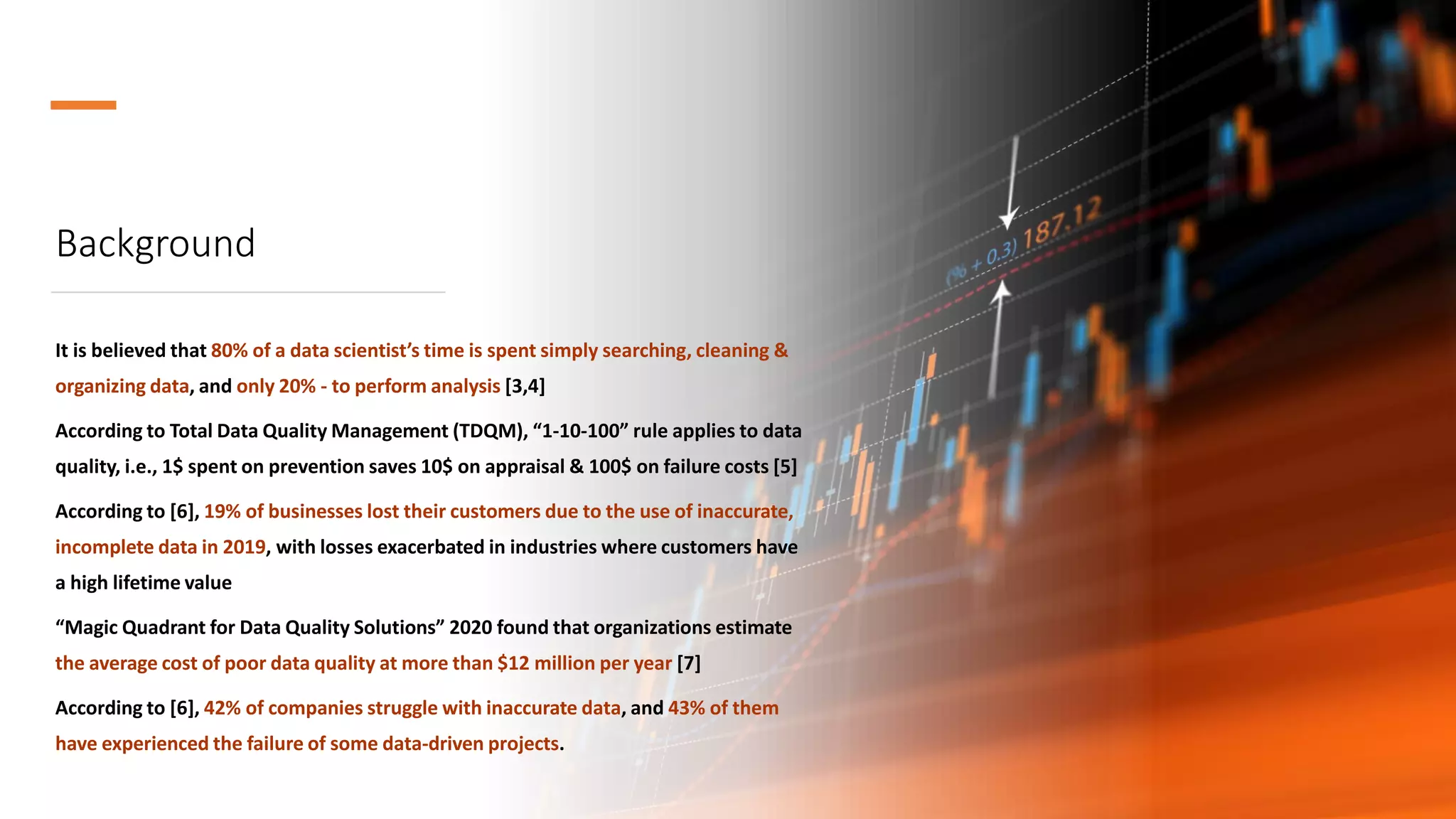 Background
It is believed that 80% of a data scientist’s time is spent simply searching, cleaning &
organizing data, and only 20% - to perform analysis [3,4]
According to Total Data Quality Management (TDQM), “1-10-100” rule applies to data
quality, i.e., 1$ spent on prevention saves 10$ on appraisal & 100$ on failure costs [5]
According to [6], 19% of businesses lost their customers due to the use of inaccurate,
incomplete data in 2019, with losses exacerbated in industries where customers have
a high lifetime value
“Magic Quadrant for Data Quality Solutions” 2020 found that organizations estimate
the average cost of poor data quality at more than $12 million per year [7]
According to [6], 42% of companies struggle with inaccurate data, and 43% of them
have experienced the failure of some data-driven projects.
 