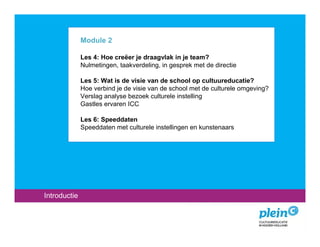 Module 2

              Les 4: Hoe creëer je draagvlak in je team?
              Nulmetingen, taakverdeling, in gesprek met de directie

              Les 5: Wat is de visie van de school op cultuureducatie?
              Hoe verbind je de visie van de school met de culturele omgeving?
              Verslag analyse bezoek culturele instelling
              Gastles ervaren ICC

              Les 6: Speeddaten
              Speeddaten met culturele instellingen en kunstenaars




Introductie
 