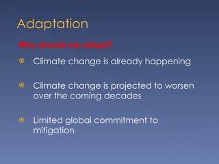 Why should we adapt? Climate change is already happening Climate change is projected to worsen over the coming decades Limited global commitment to mitigation 