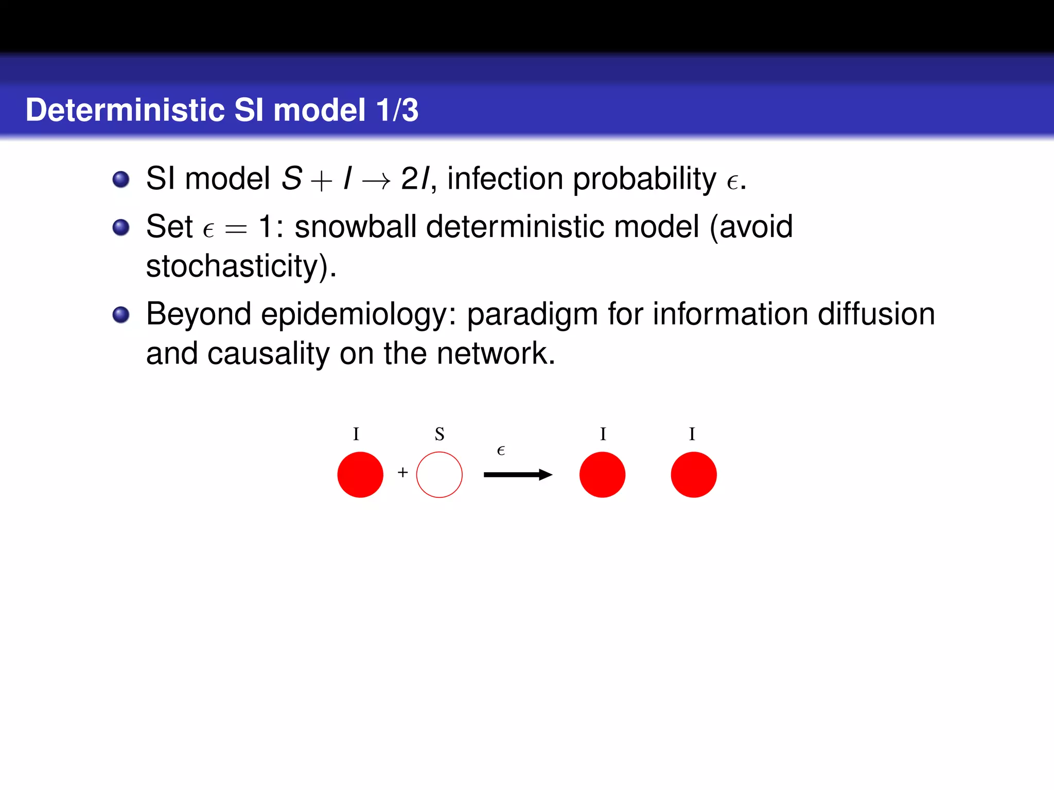 Deterministic SI model 1/3

       SI model S + I → 2I, infection probability .
       Set = 1: snowball deterministic model (avoid
       stochasticity).
       Beyond epidemiology: paradigm for information diffusion
       and causality on the network.

                      I       S         I     I
                          +
 