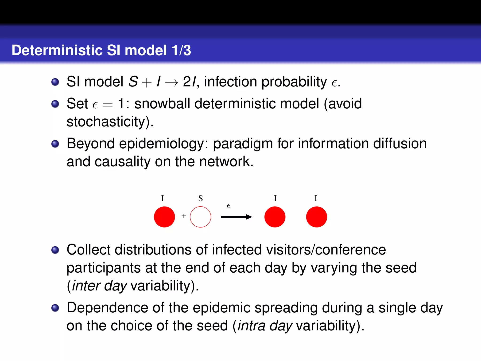 Deterministic SI model 1/3

       SI model S + I → 2I, infection probability .
       Set = 1: snowball deterministic model (avoid
       stochasticity).
       Beyond epidemiology: paradigm for information diffusion
       and causality on the network.

                      I       S         I     I
                          +



       Collect distributions of infected visitors/conference
       participants at the end of each day by varying the seed
       (inter day variability).
       Dependence of the epidemic spreading during a single day
       on the choice of the seed (intra day variability).
 