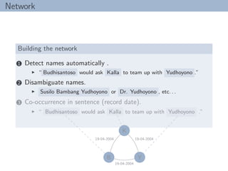 Network
Building the network
1 Detect names automatically .
“ Budhisantoso would ask Kalla to team up with Yudhoyono .”
2 Disambiguate names.
Susilo Bambang Yudhoyono or Dr. Yudhoyono , etc. . .
3 Co-occurrence in sentence (record date).
“ Budhisantoso would ask Kalla to team up with Yudhoyono .”
K
B Y
19-04-2004
19-04-2004
19-04-2004
 