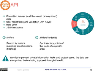 10
Lazaros Apostolidis ICCSA 2020 Online, July 1-4, 2020
API
Controlled access to all the stored (anonymised)
data
User registration and validation (API Keys)
Rate Limit
JSON response
/orders
Search for orders
matching specific criteria
(filtering)
/orders/{orderId}
Get trajectory points of
the route of a specific
order
In order to prevent private information leaks and protect users, the data are
anonymised before being exposed through the API.
 